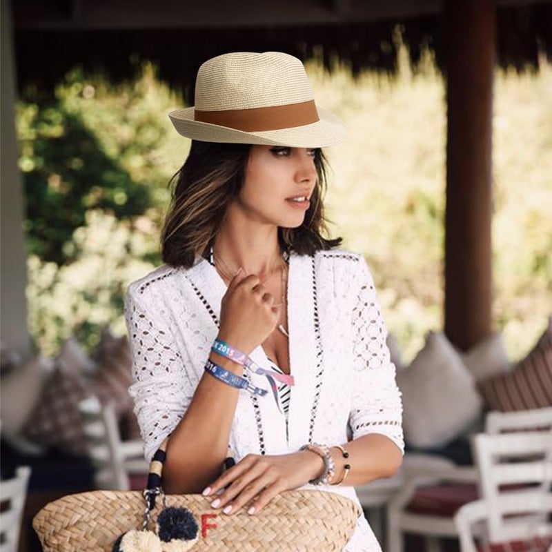 DRESHOW Women Straw Panama Hat Travel Fedora Beach Sun Hat Summer Wide Brim Straw Roll up Hat UPF 50+ - Image 2